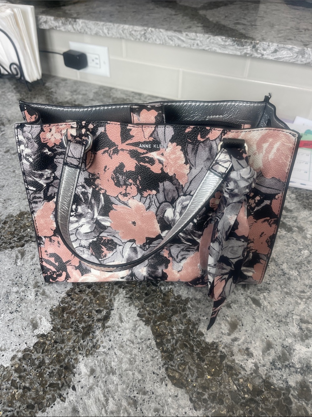 Anne Klein Pink and Black Floral Tote with Silver Handles